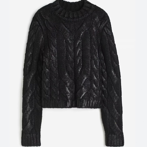 H&M black coated cable-knit chunky sweater made in Europe NWT - Picture 1 of 11